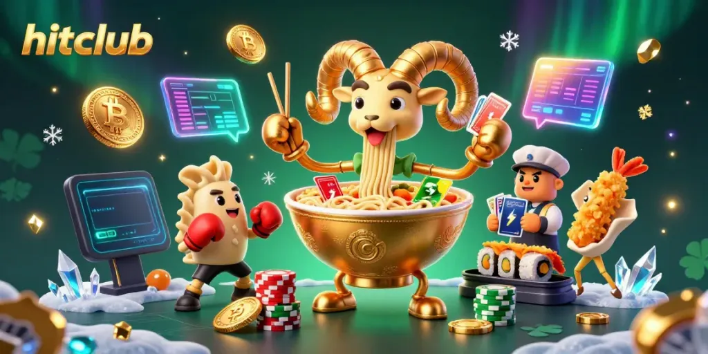Hitclub's vibrant casino scene featuring a golden ramen bowl character interacting with cryptocurrency elements.