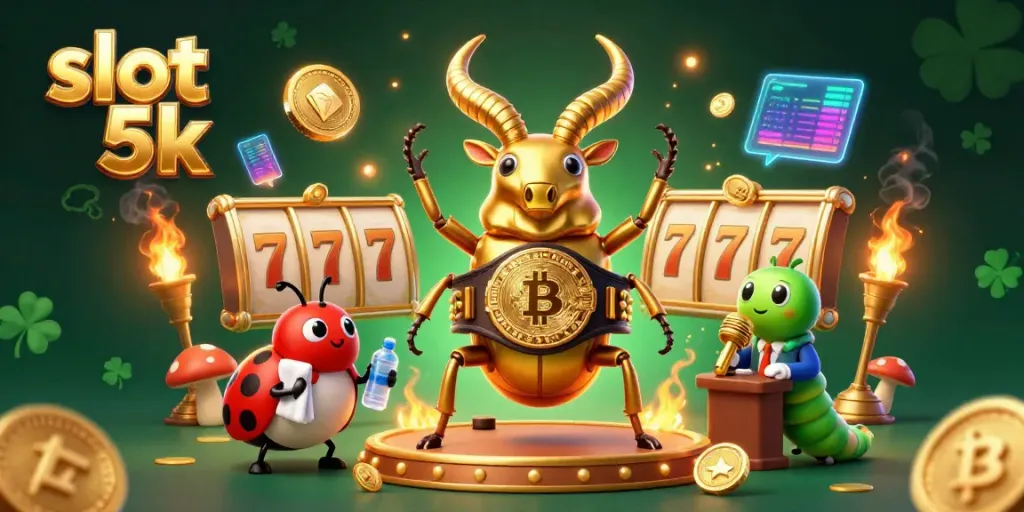 Engage with slot 5k as a golden stag beetle champion interacts in a vibrant gambling scene.