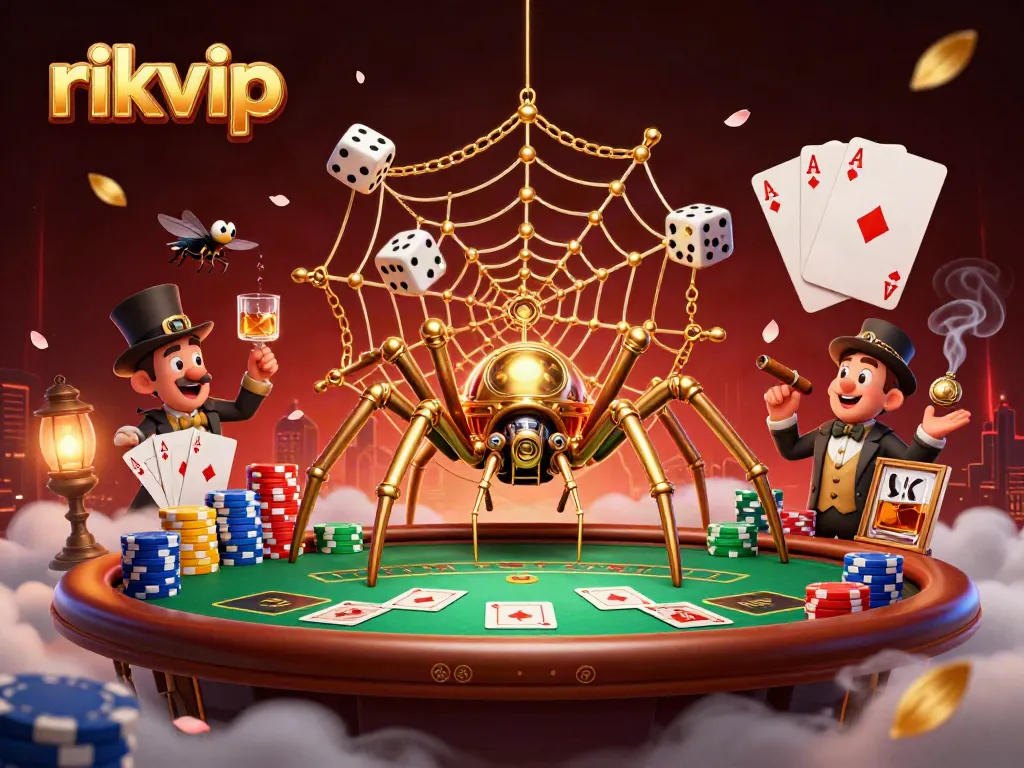 Experience exhilarating gameplay at rikvip with a 3D steampunk spider caught in a poker-themed web.