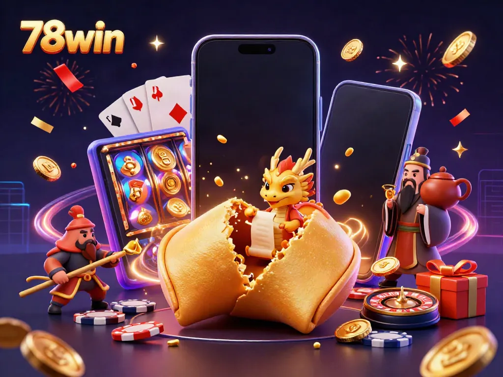 Experience the excitement of 78win with a vibrant 3D casino scene featuring a golden fortune cookie and dynamic gaming elements.