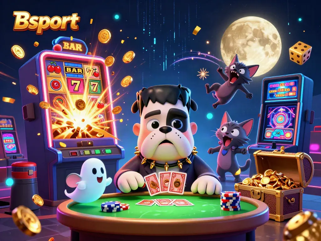 Bsport showcases thrilling casino action with Frankenstein bulldog dealing cards among gold coins and jackpots.
