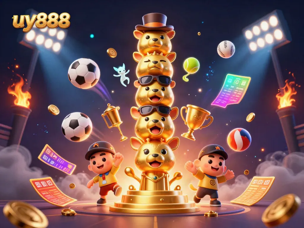 Experience the excitement of uy888's vibrant casino world with animated characters and dynamic sports elements.