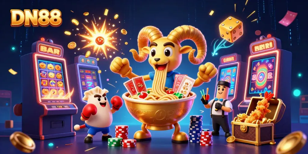 Experience the excitement of DN88 with a vibrant 3D casino scene bursting with games and treasures.