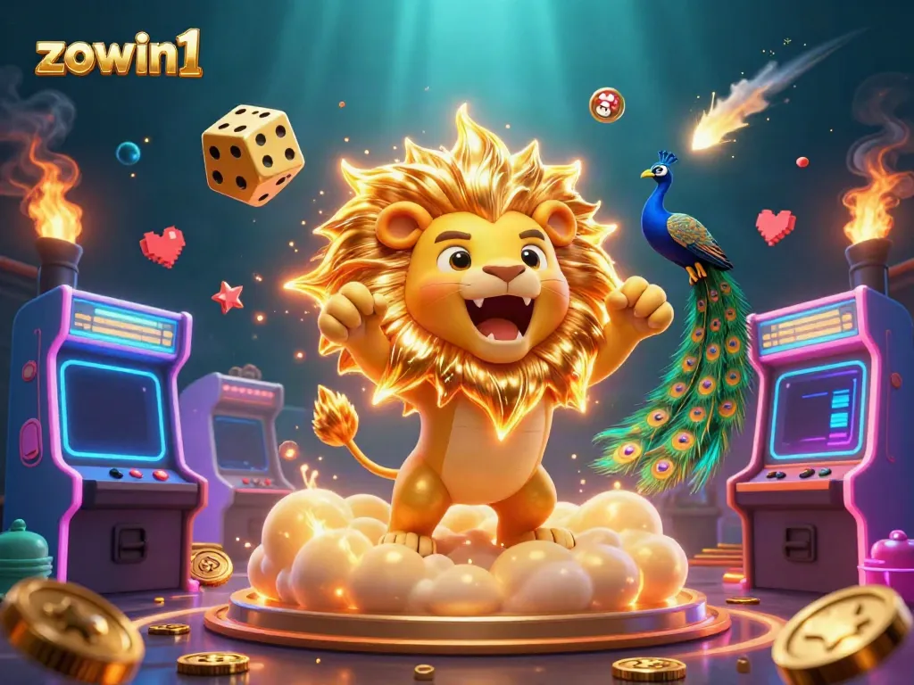 Zowin1 players engaging with vibrant casino games under the majestic sun lion and golden dice.