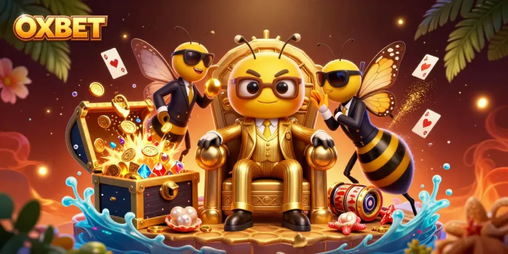 Engage in slots and gaming at OXBET with a dynamic scene featuring colorful casino elements and characters.