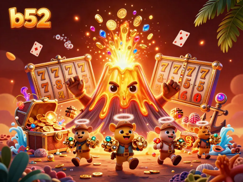 Engage in thrilling casino adventures with b52, showcasing vibrant slots and treasure-filled illustrations.