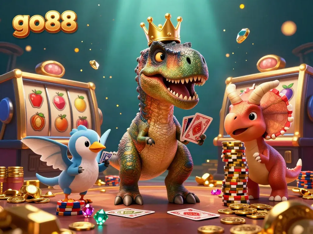 Enjoy thrilling gaming at go88 with an animated T-Rex shuffling cards and a triceratops stacking chips.