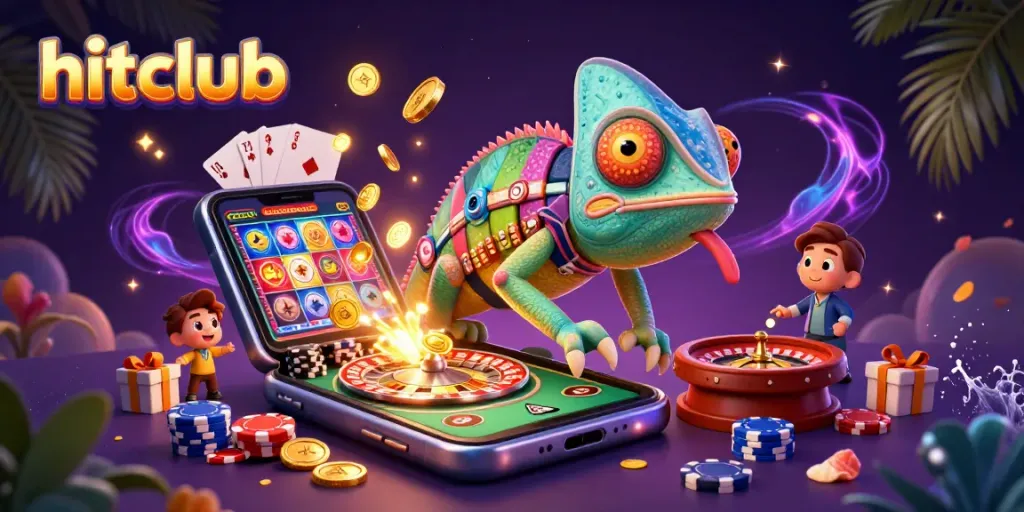 Hitclub's chameleon casino owner and vibrant gaming elements create an engaging online gambling experience.