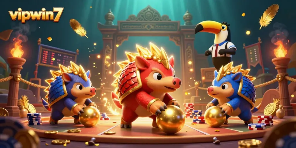 Compete with vipwin7 as rival pangolins roll golden balls and chips in a vibrant casino scene.