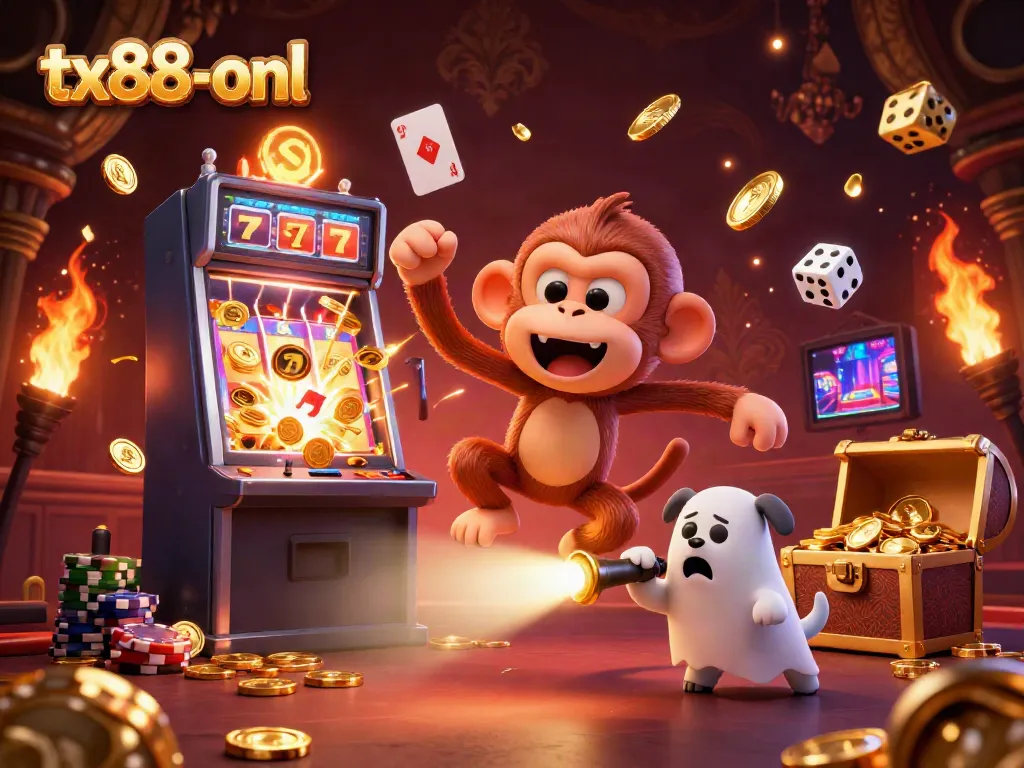 Experience the thrill of winning with tx88-onl as a playful ghost-hunter puppy tracks the golden antics of a mischievous monkey in a lively casino scene.