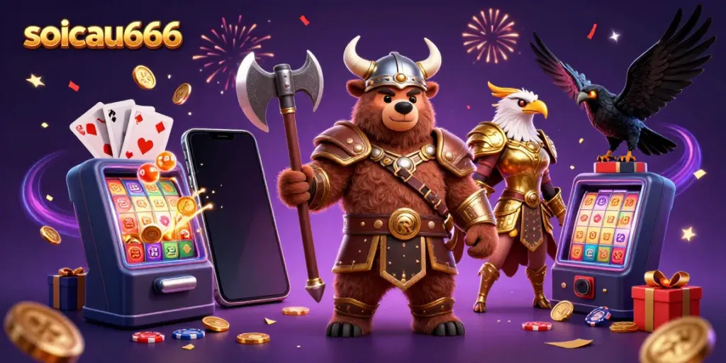 Engage with soicau666 through a dynamic lottery-themed 3D rendering showcasing characters and game elements.