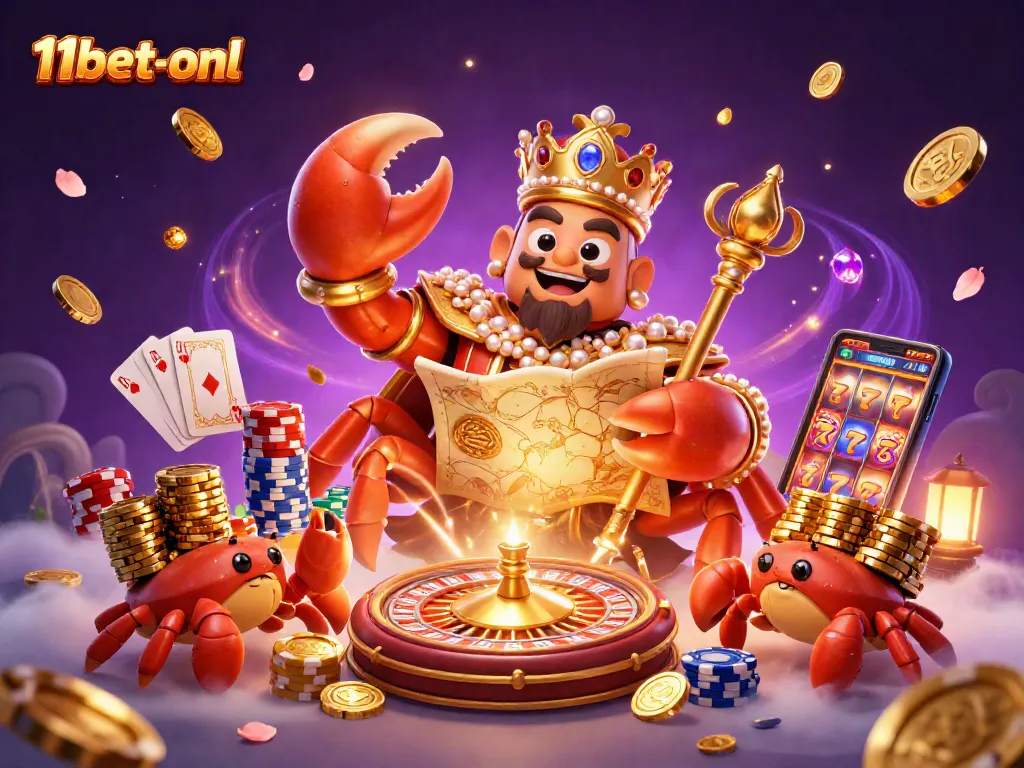 Engage with thrilling casino moments at 11bet-onl, featuring an emperor crab character amidst golden chips and coins.