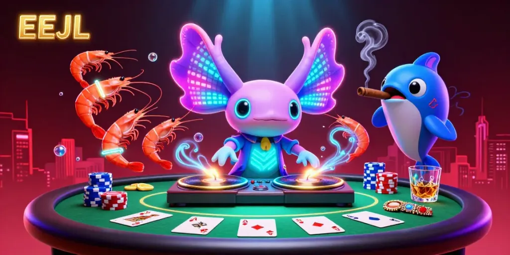 EEJL showcases a vibrant axolotl DJ spinning records at a glowing underwater casino, creating an electrifying atmosphere.