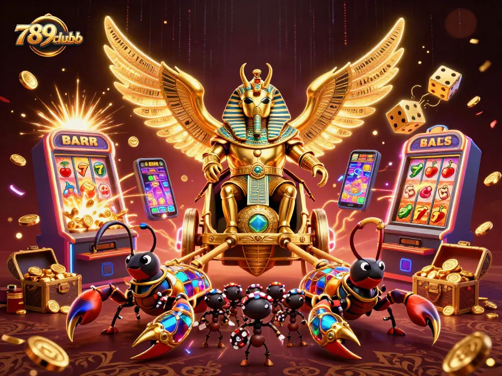 Experience the excitement of 789clubb with this dynamic illustration of a golden scarab and casino elements.
