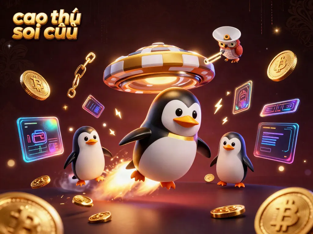 Engage with cao thủ soi cầu in a vibrant 3D casino adventure featuring a golden penguin and crypto elements.