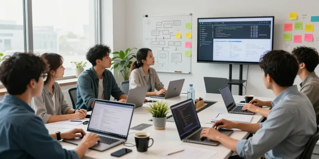 Team of developers collaborating on a project while discussing pecah 404 solutions in a modern office.