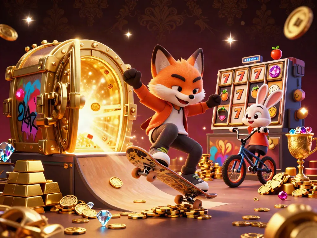 Experience the thrill of Lucky88 with a dynamic 3D scene showcasing a skateboarder fox and a BMX rabbit among casino treasures.