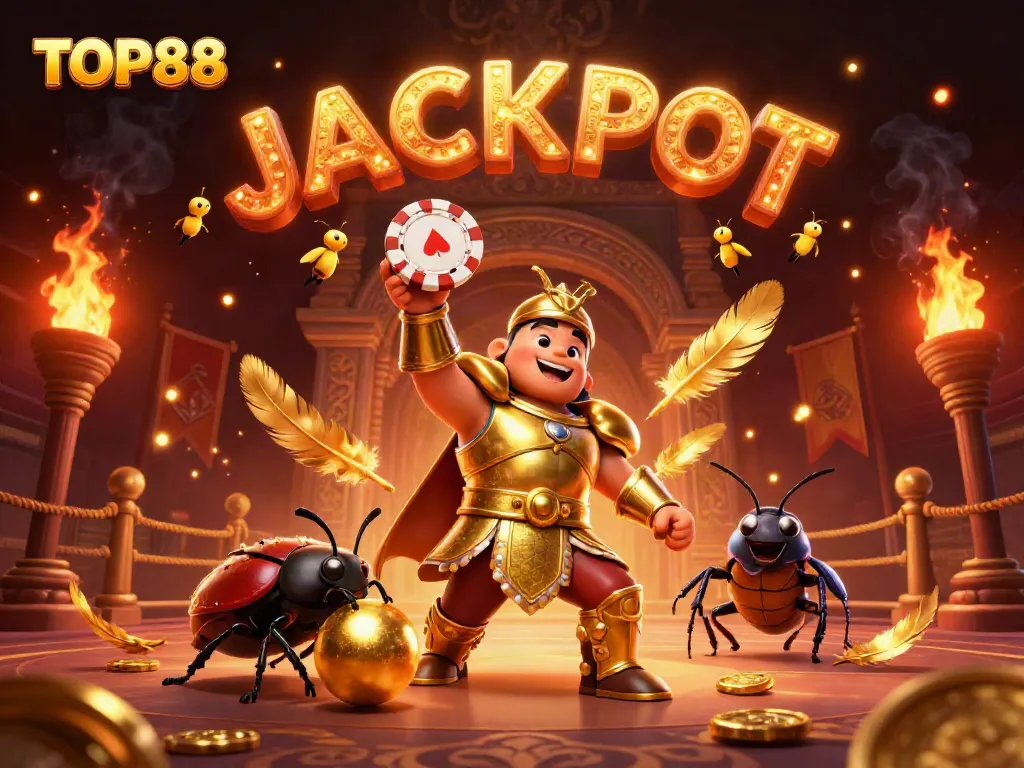 Celebrate wins at TOP88 with a triumphant beetle gaming scene illustrating victory and excitement.
