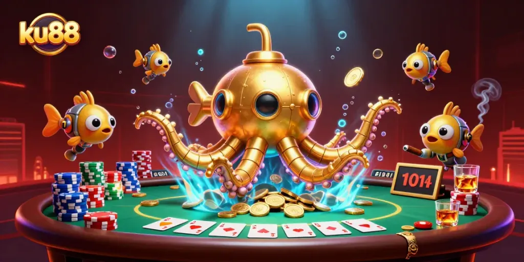 ku88 players engaging with a vibrant underwater casino scene featuring poker elements and golden treasures.