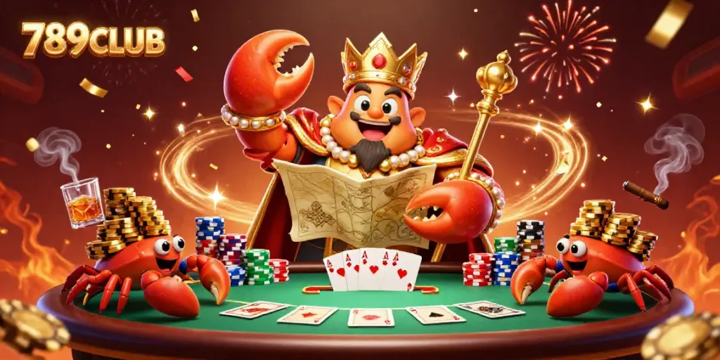 Join the excitement of 789CLUB with a grand crab emperor overseeing vibrant casino action.