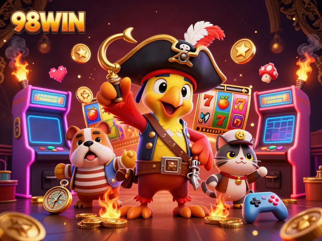 Experience thrilling gameplay with 98WIN in this vibrant casino scene filled with colorful slot elements.
