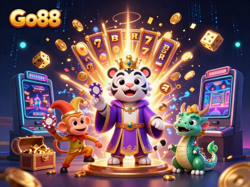 Go88 slot-themed illustration with a tiger, monkey, and jade dragon in a vibrant casino scene.
