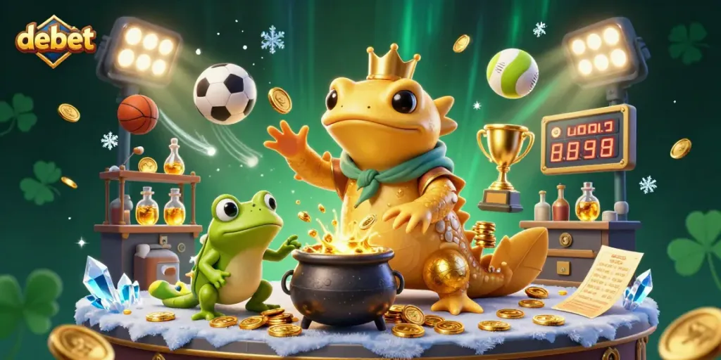 Experience the excitement of debet as golden coins and sports elements combine in a vibrant gambling scene.