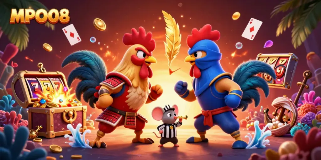 Witness the thrilling showdown between roosters in the MPO08 casino gaming world.