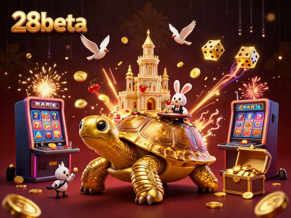 Engage in exciting gaming fun at 28beta with a vibrant casino-themed illustration of a golden tortoise casino.