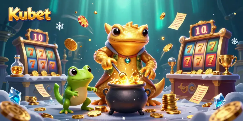 Kubet engages players with a vibrant scene of a golden salamander alchemist in a casino-themed illustration.