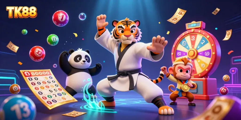 Experience the thrill of TK88 with vibrant casino elements and playful characters.