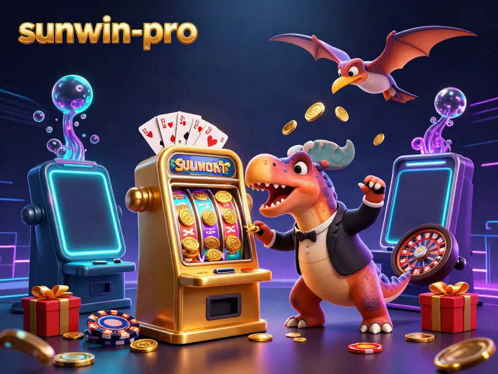 Engage with the thrilling action of sunwin-pro as a pachycephalosaurus triggers a jackpot while coins fly in a vibrant casino scene.
