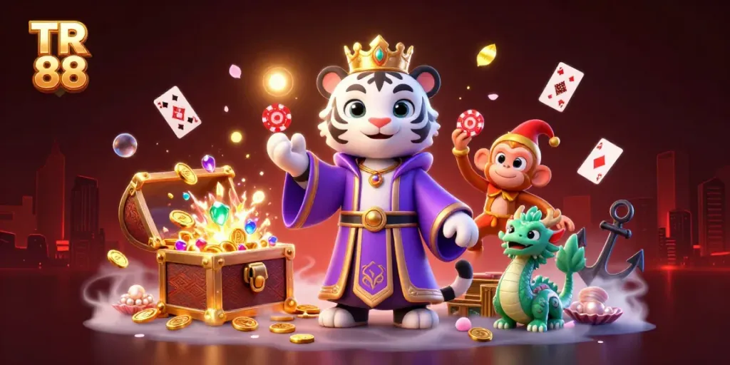 Engage in TR 88 with playful characters amidst a vibrant casino scene featuring gold coins and poker chips.