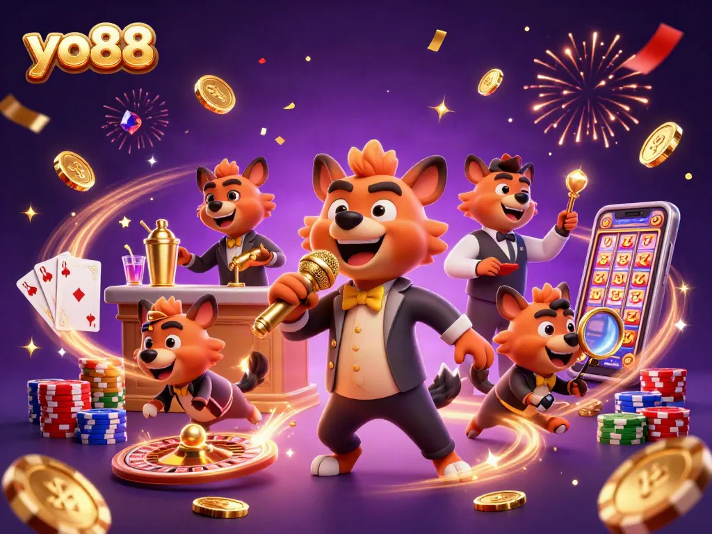 Experience the excitement of yo88 with hyena characters in a vibrant casino scene.