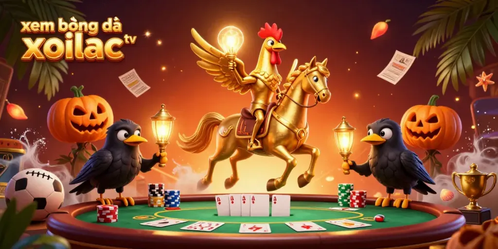 Xem bóng đá xoilac tv showcases an exciting casino scene with a golden rooster and companions amidst rich gambling elements.