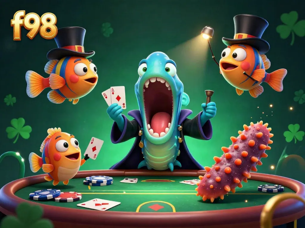Experience the f98 casino magic with a quirky eel magician performing card tricks.
