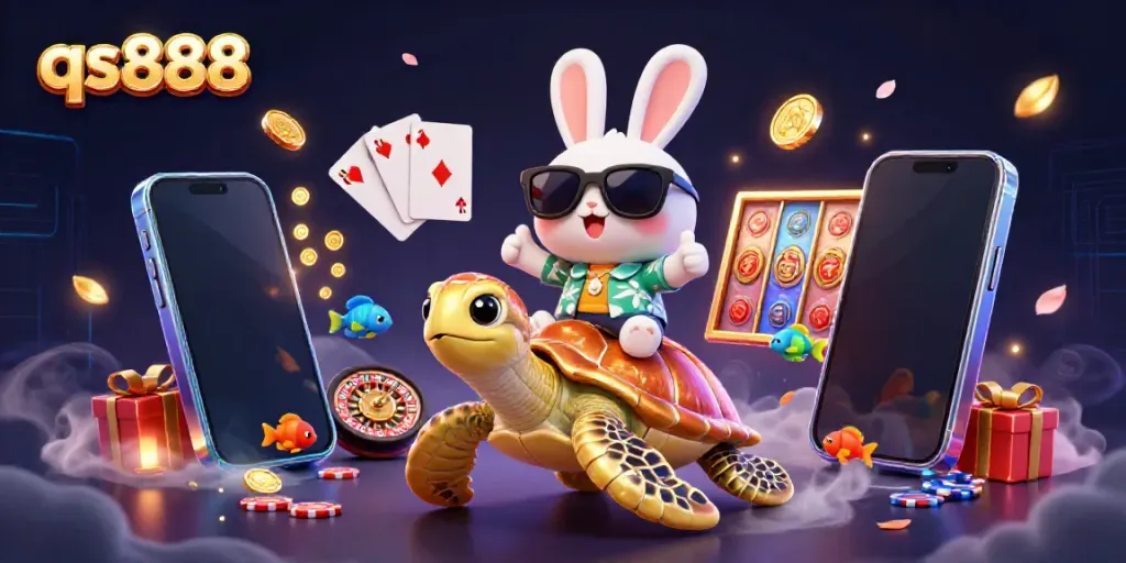 Join the fun at qs888 with a lucky rabbit and golden turtle amid vibrant casino game elements, celebrating winning.