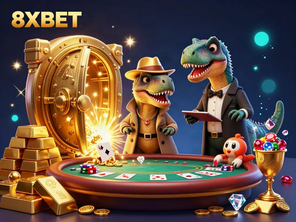 Enjoy an engaging scene with 8XBET's characters in a thrilling blackjack setting, showcasing excitement and action.