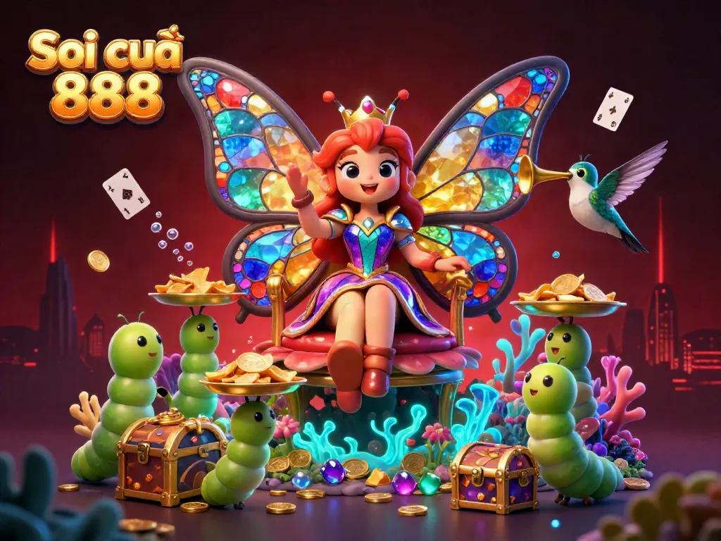 Engage with Soi cầu 888's vibrant 3D butterfly queen amidst treasures and floating cards.