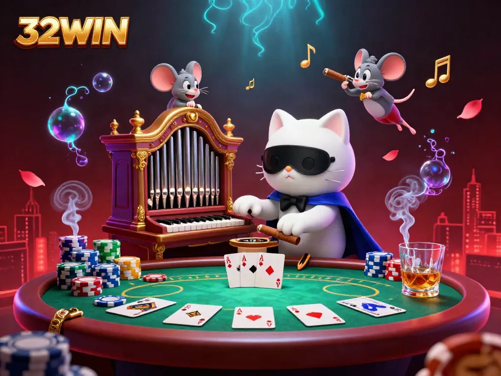 Experience the vibrant scene at 32WIN, showcasing dynamic casino elements and a unique character illustration.