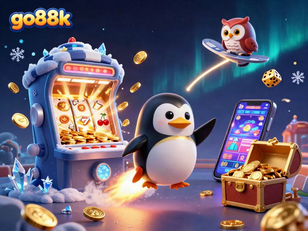 Experience go88k with a thrilling slot machine jackpot and golden penguin in this vibrant casino scene.