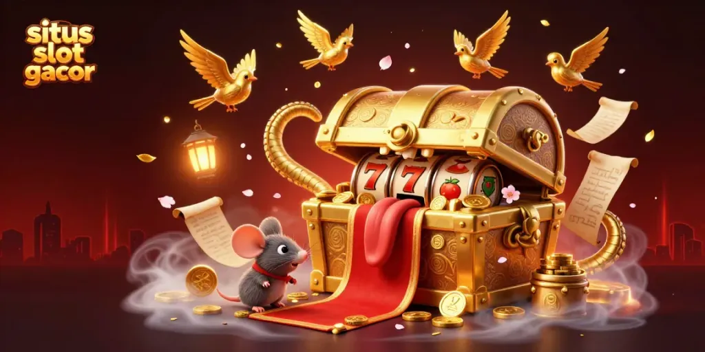 Engage with situs slot gacor showcasing a vibrant, animated scene with treasure chests, spinning reels, and festive motifs.