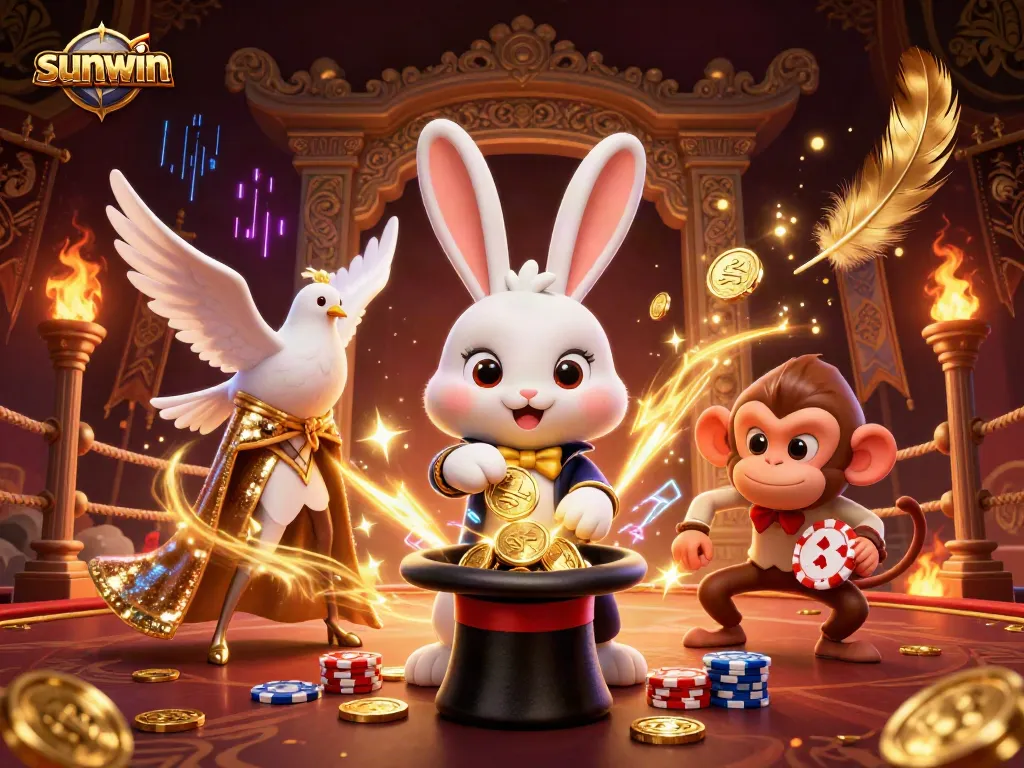 Win big with sunwin as a cartoon magician rabbit pulls coins from a top hat in a dynamic casino scene.