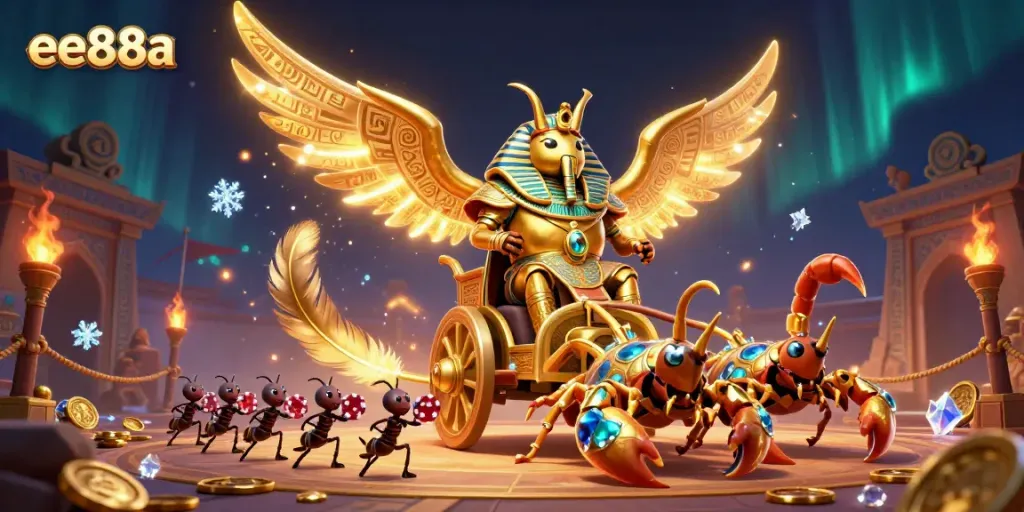 Experience thrilling action at ee88a with a majestic gaming scene featuring unique characters and dynamic gambling elements.