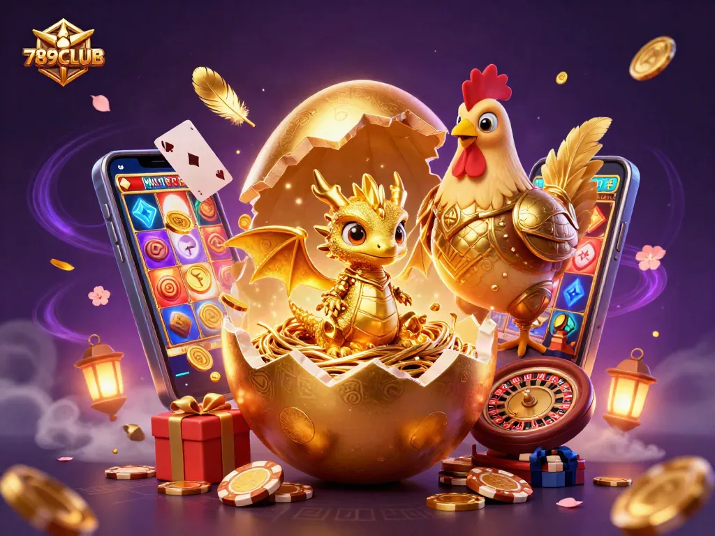 Experience the excitement of 789CLUB with a golden dragon and vibrant casino elements.