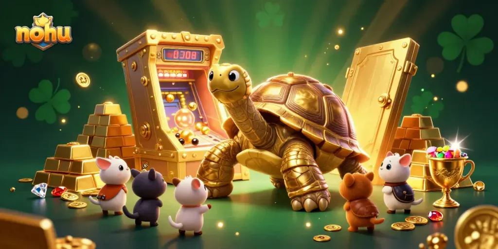 Nohu jackpot excitement with a golden tortoise pinball machine surrounded by gems and gold.