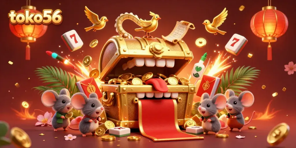Spin and win with the vibrant scene of toko56, showcasing engaging slot elements and a treasure-filled ambiance.