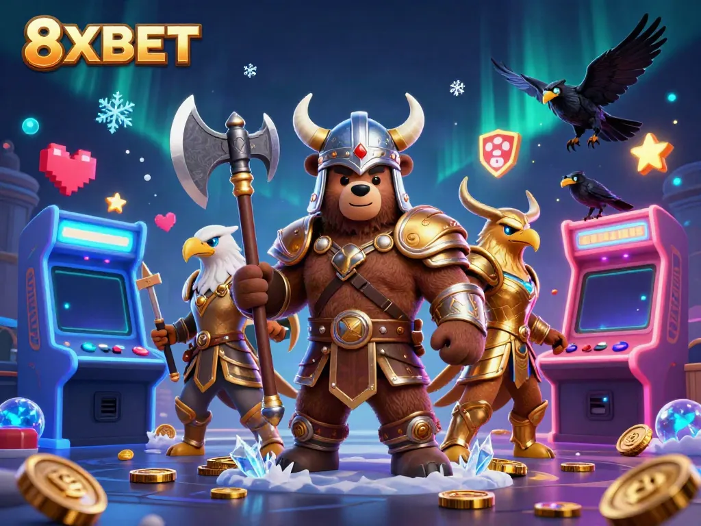 Engage with the exhilarating world of 8XBET, featuring dynamic characters and vibrant casino elements illustrating online gaming excitement.