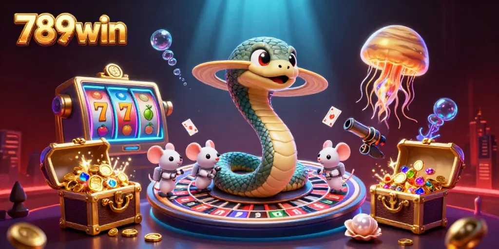Engaging 3D illustration of the 789win casino universe featuring vibrant space elements and playful characters.