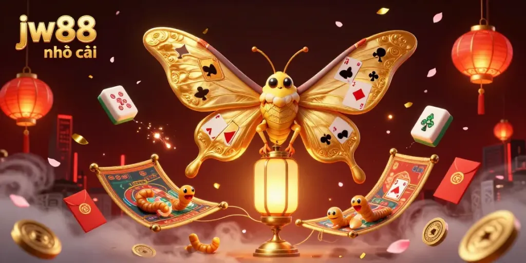 Engage with the vibrant world of jw88 nhà cái, featuring a stunning 3D illustration of a golden-winged moth amidst casino elements in action.